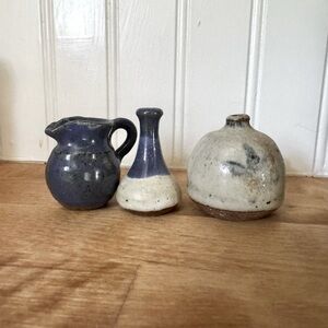 *VINTAGE* miniature!!! Handcrafted Ceramic Vase Set - Blue and Cream
